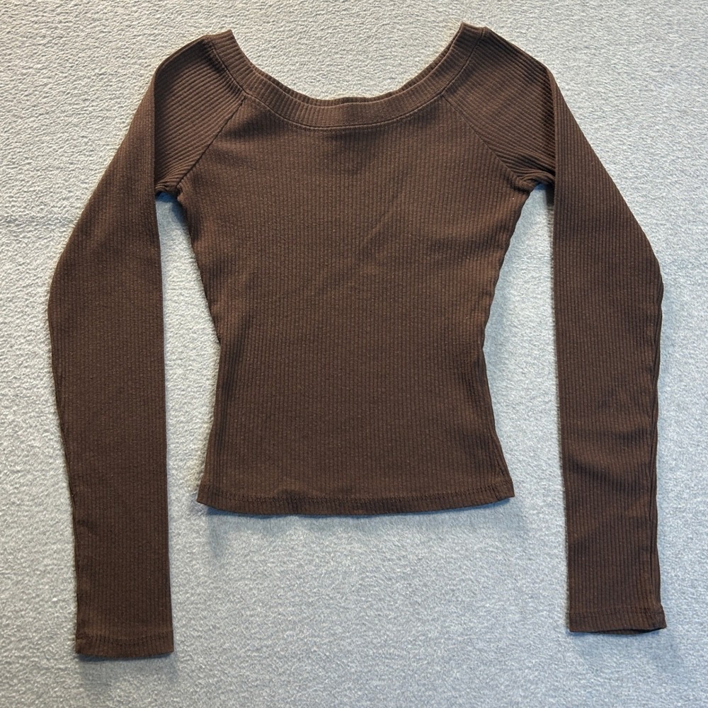 Tilly's Ribbed Long Sleeve Womens XS Chocolate Brown Scoop Neck Fitted Top Y2K